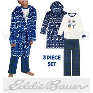NEW! Eddie Bauer Youth 3 piece PJ Set, LS Top, Pant and Robe, Reindeer